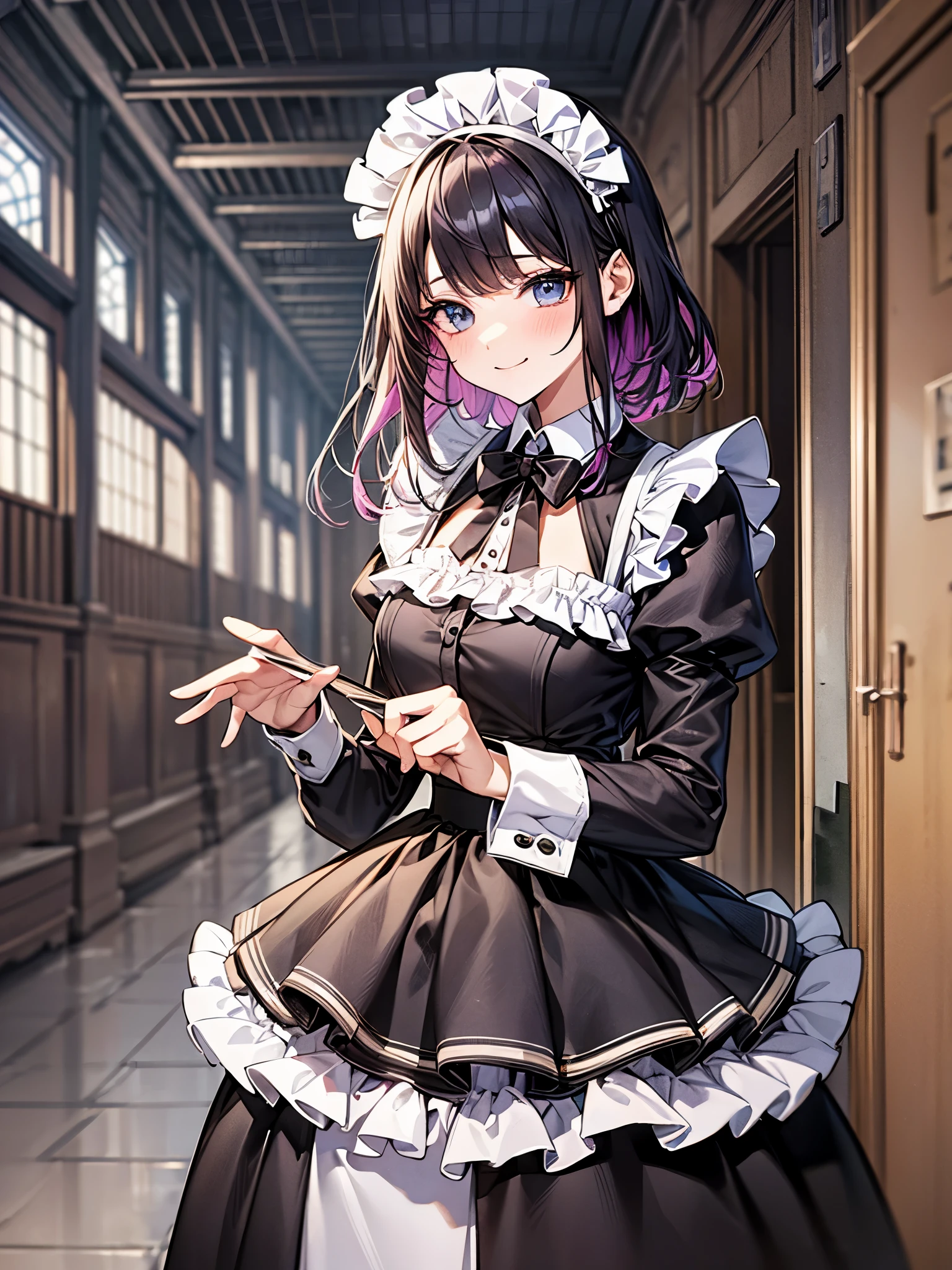 Anime girl in maid outfit holding a cell phone in a hallway - SeaArt AI