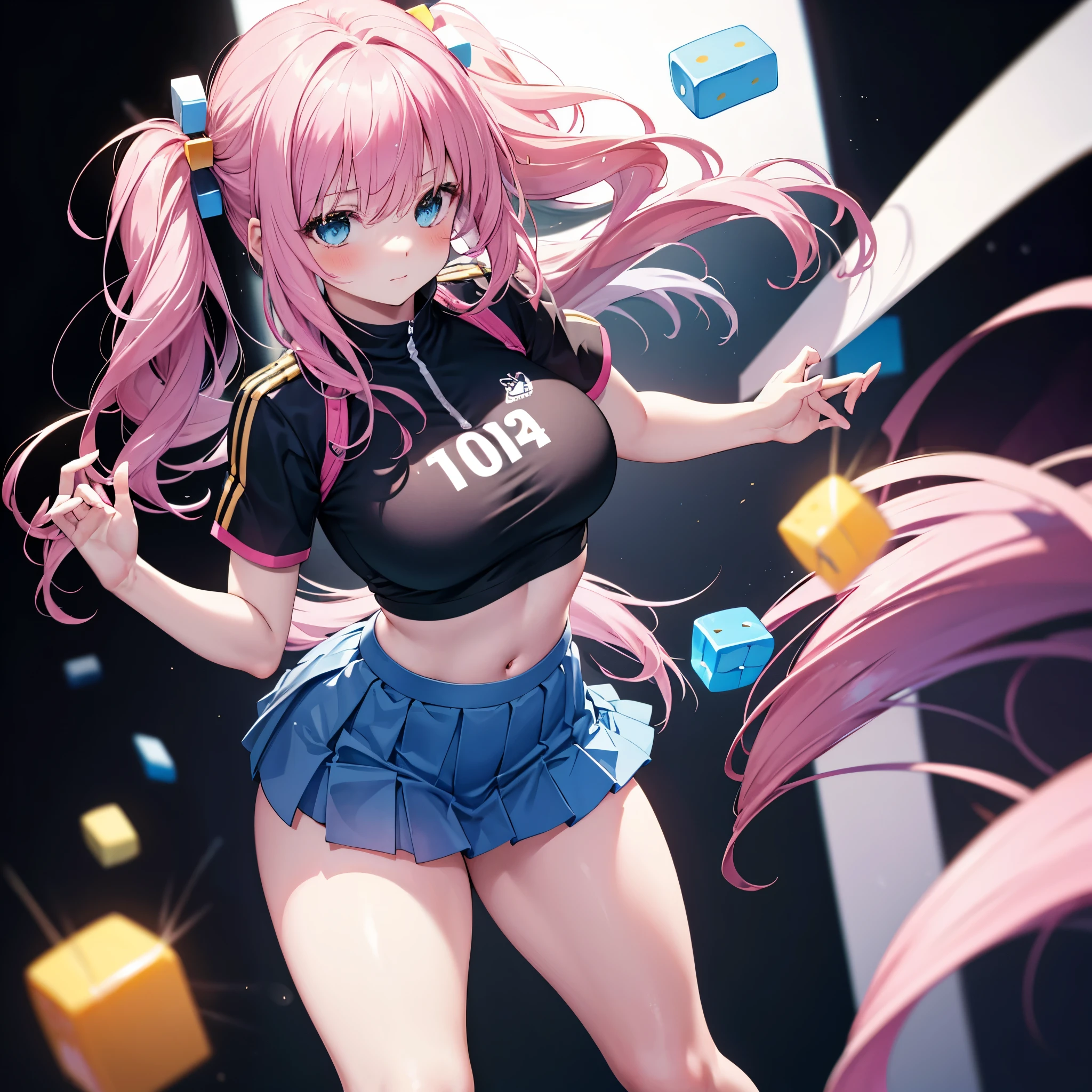 realistic image, coherent image, detailed image, 1 girl, long hair, pink hair, wearing hair accessories with blue and yellow cubes on the right side, light blue eyes, delicate oval face, blushing, wearing a crop top, pleated miniskirt, sports shoes, big breasts, curvy body, thick thighs, shy pose, black background, uniform bottom,