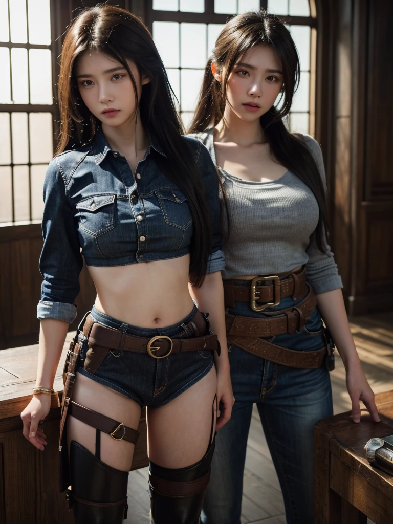 Cowgirls are in demand,female killer,Female hotshots from the Wild West era of the United States,female killer,Denim attire,Crop tops and thongs,Garters and stockings,boots,two revolvers,belt,gun holster,bullet belt,Cold styling,bloodstained,Art author：artgerm,Greg Rutkowski 和 Alphonse Mucha,8k ,Octane&#39;s beautifully detailed rendering,Post-processing,extremely hyperdetailed,complex,epic composition,light,masterpiece,Trending on artstation,Very very detailed,masterpiece,amazing,,make_3d ,Paintwork,