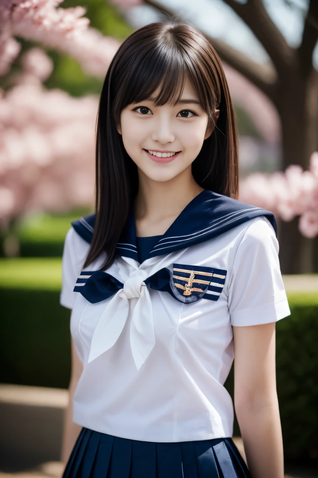 Close up of woman posing for photo,  The most beautiful Japanese model, 1 female model,  4K、bangs、A dark-haired, slightly longer bob hair, Middle hair, Straight hair、(white  shirt, Sailor School Uniform, Dark blue pleated skirt:1.2),　(Super cute face in idol style:1.4), upper body, slim and beautiful figure, sexy, beautiful breast, A smile, The background is a row of cherry blossom trees, (RAW photo, best quality, masterpiece, ultra detailed, ultra high res, realistic), 