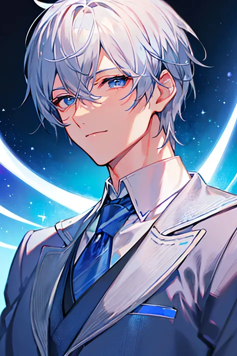 male　gray hair　blue eyes　short hair　cool　blue shining star　suit　one person　have a bouquet　３０age　大人のmale　masterpiece　Highest imag...