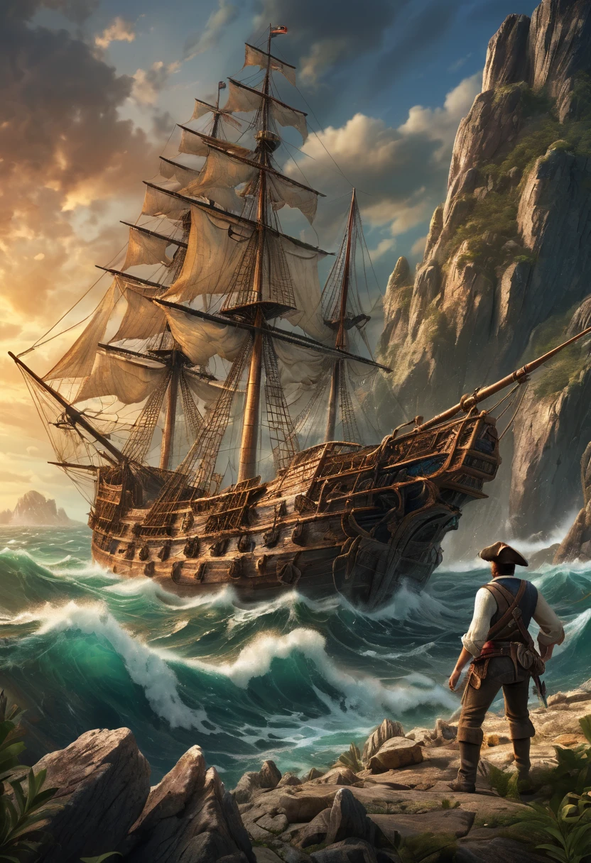 best quality, ultra-detailed, realistic, vivid colors, ancient treasure map, enigmatic secret, elusive figure, notorious pirate, detailed map of uncharted territories, majestic sailing ships, powerful cannons, epic battle on the high seas, hidden treasure chest, intense close-up of the protagonist's determined expression.