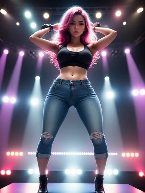 one,wearing hot pants of denim,full-body shot,on stage,Sexy pole dance,nightclub,Colorful lights