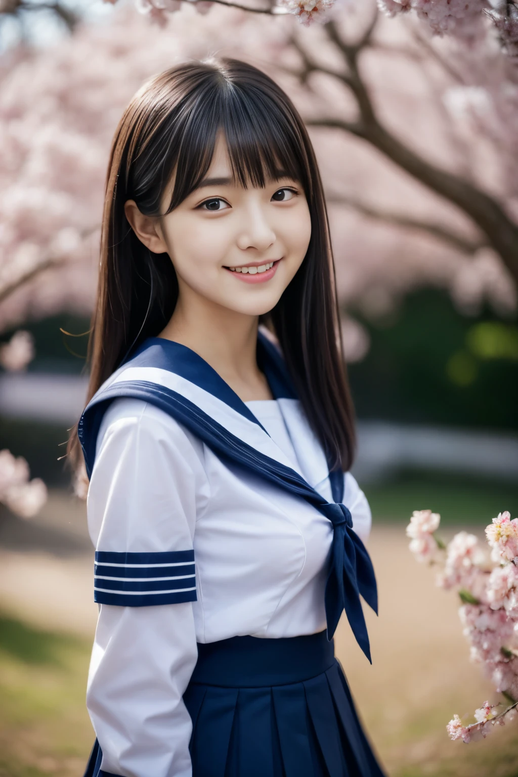 Close up of woman posing for photo,  The most beautiful Japanese model, 15-year-old female model,  4K、bangs、A dark-haired, slightly longer bob hair, Middle hair, Straight hair、(white  shirt, Sailor School Uniform, Dark blue pleated skirt:1.2),　(Super cute face in idol style:1.4), upper body, slim and beautiful figure, sexy, beautiful breast, A smile, The background is a row of cherry blossom trees, (RAW photo, best quality, masterpiece, ultra detailed, ultra high res, realistic), 