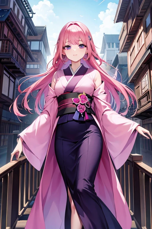 A pink haired woman with violet eyes with an hourglass is walking across the bridge in a kimono