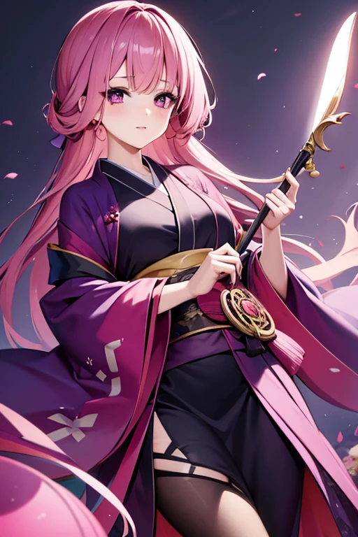 A pink haired woman with violet eyes with an hourglass is holding a fan in a kimono