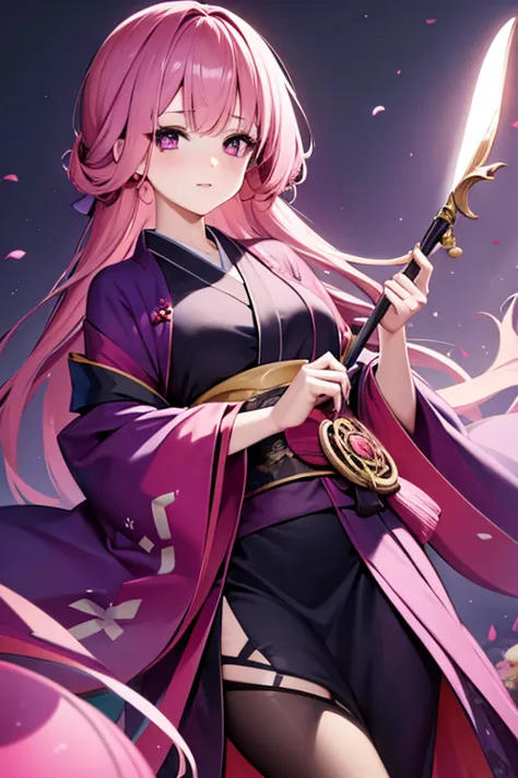 a pink haired woman with violet eyes with an hourglass is holding a fan in a kimono