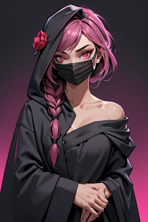 masterpiece,  official art,  ridiculous,  insaneres,  Bangs,  black robe,  clavicle,  flower,  hand on own chin,  Raise your hand,  hood,  hood down,  looking at the audience,  mask,  mask around neck,  mask removed,  medium hair,  pink eyes,  robe,  side braid,  Single braid,  Smile,  alone,  Upper body,  Very detailed,  Super sharp,  Side lighting,  edge lighting,  neon lights