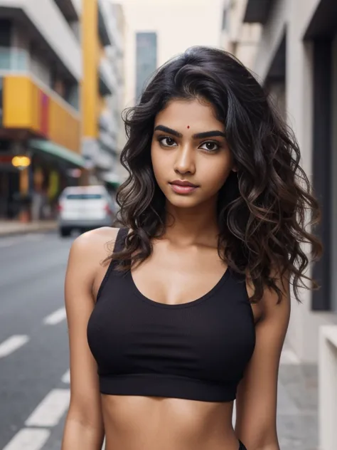 Adult indian female, realistic, 18 years old, Instagram model, wearing tank top, yoga pants, barefoot, bright neon brunette hair...