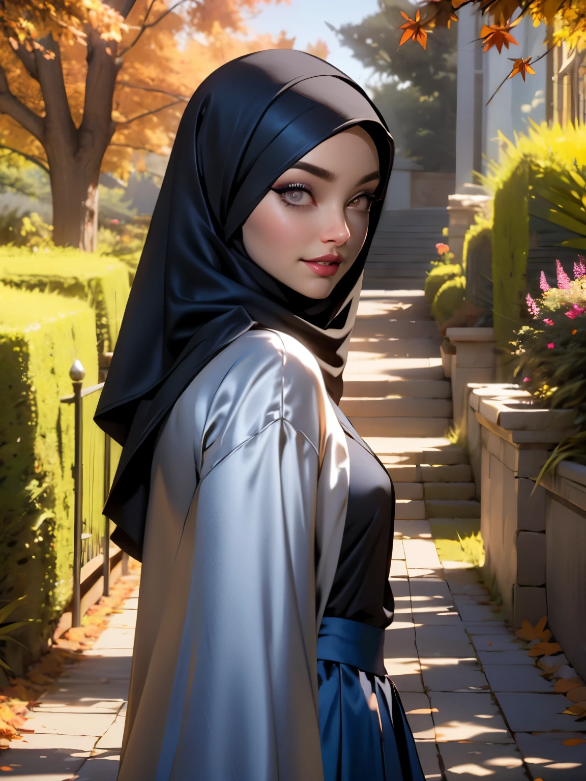 3dmm style, Masterpiece, realistic, best quality, best lighting, beautiful mature Czech woman, 1 girl photo solo, beautifully makeup, eyeshadow, Parted Lips, Detailed Eyes, Big eyes, brown eyes, long eye lashes, dimples on the cheeks, smile, wearing ((Dark blue satin hijab)), loosely tide hijab style, ((gray satin shirt and satin long skirt)), (Half-body portrait), Front view, Symmetric Centre, facing the viewer, walking on trails autumn garden.