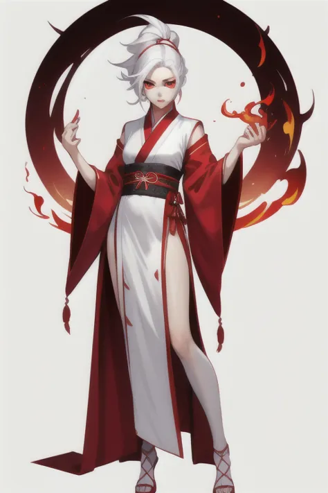 masterpiece，flame lingji，white hair，red eyes，full body picture，hanfu，white and red clothes color matching，high heel，