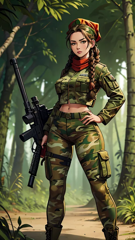 young lady, braided hair, brunette, big hips, wearing shaggy clothing, tight green camouflage pants, wearing green camouflage ja...