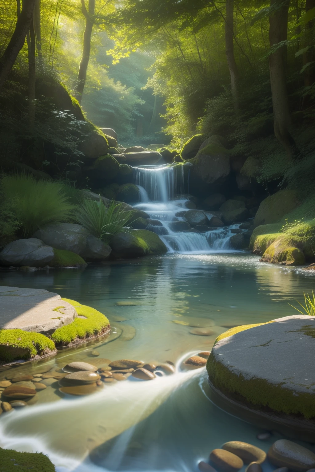 Inmitten der stillen Ruhe der Natur, fließt ein kristallklarer Bach anmutig, seine Oberfläche reflektiert die gesprenkelten Sonnenstrahlen in präzisen Reflexionen. Das Wasser, Mit einer strahlenden Leuchtkraft, schlängelt sich durch eine üppige grüne Landschaft, zeigt in jedem Detail ein fesselndes Spiel von Licht und Schatten. Das Wasser's transparency unveils the layered texture of the streambed, gefüllt mit glatten Kieselsteinen und kleinen Wassertieren, während seine wellenförmige Bewegung das Gefühl von Leben und Erneuerung hervorruft. Das Wasser's gentle gurgles accompany the calming background sounds of birdsong and rustling leaves, die ein Gefühl von Frieden und Einheit hervorruft