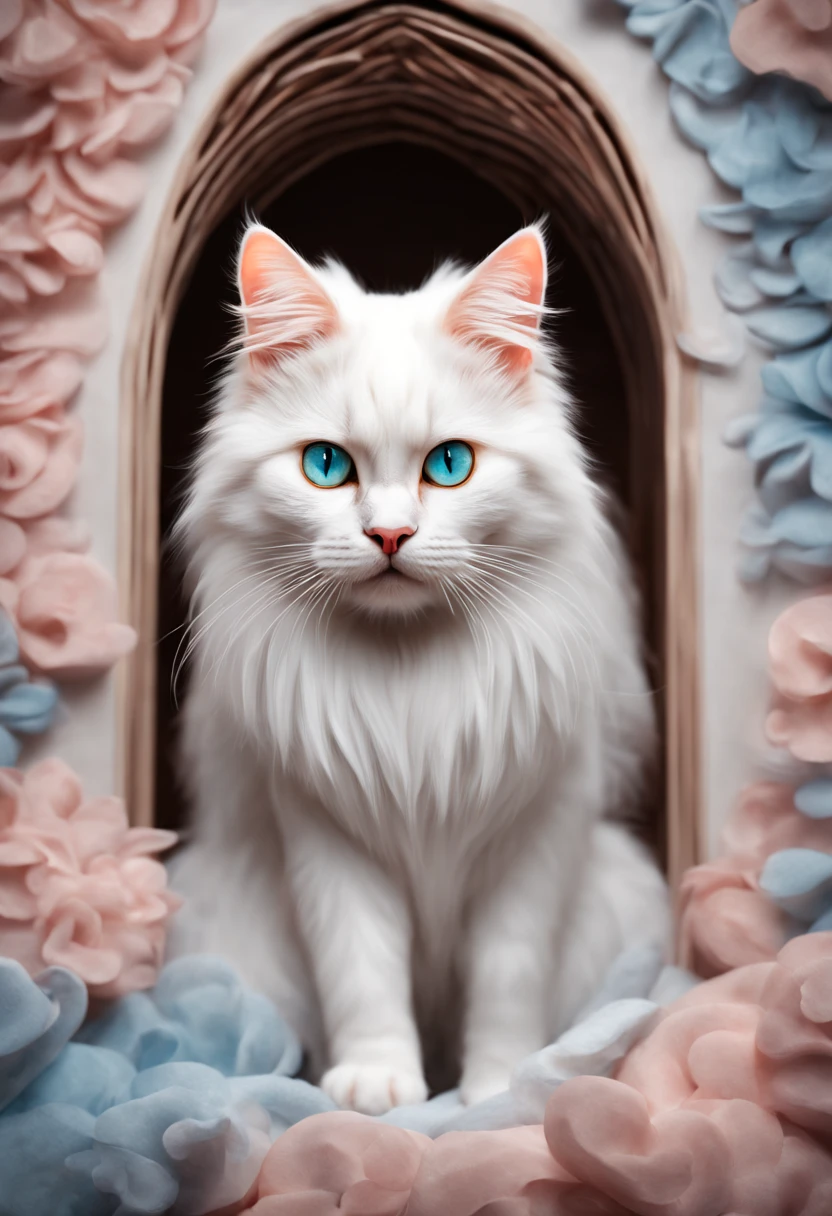 white angora breed cat, 3D watercolor style painting, angora cat with white fur, full size, High resolution、high contrast (realistic:1.5), (RAW photo, 8K UHD,