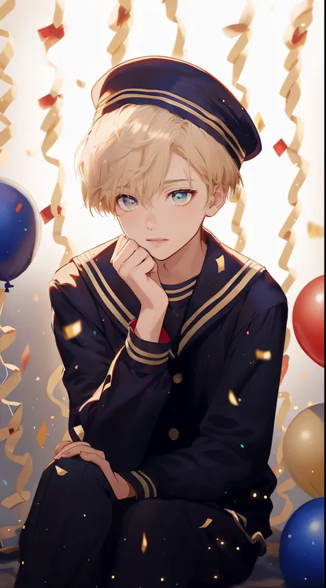 young male character inspired by a photo. the character has short blonde hair, fair skin, and is dressed in a navy blue sailor u...