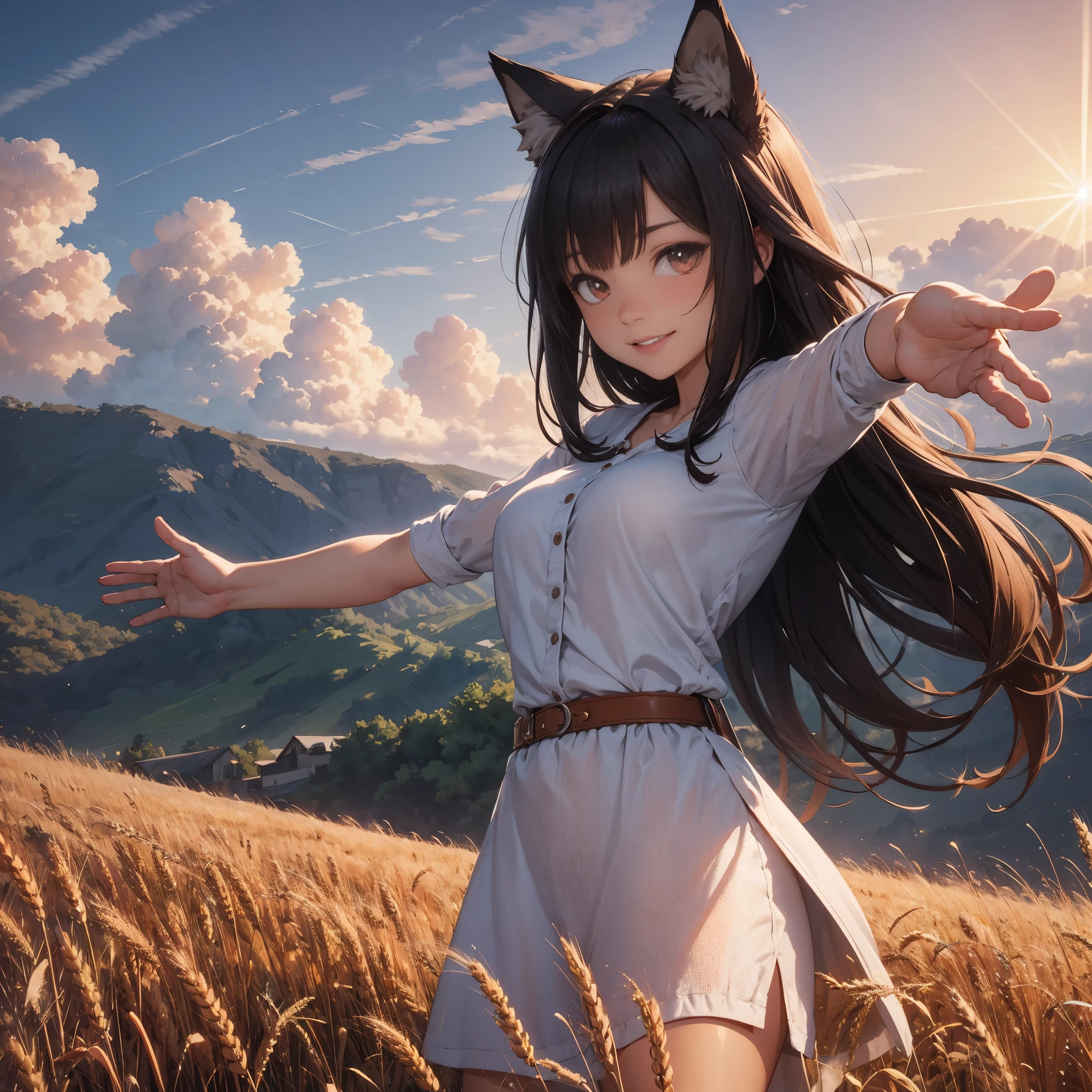 masterpiece, best quality, (vibrant colors, hdr,)
((holo)), LARGE BREASTS, spice and wolf,  1girl, animal ears wolf ears, wolf girl, wolf tail, long hair, brown hair, smile, red eyes, slit pupils, pouch, sky, scenic clouds, dust cloud, , sun in the middle of image, sun rays, outstretched arms, spread arms, extremely detailed wheat, farm , sunset with hyperreallistic detailed 3d volumetric clouds with  clear sky, graphite \(medium\), sketch, smoke in background <lora:holoSpiceAndWolf_v3:1