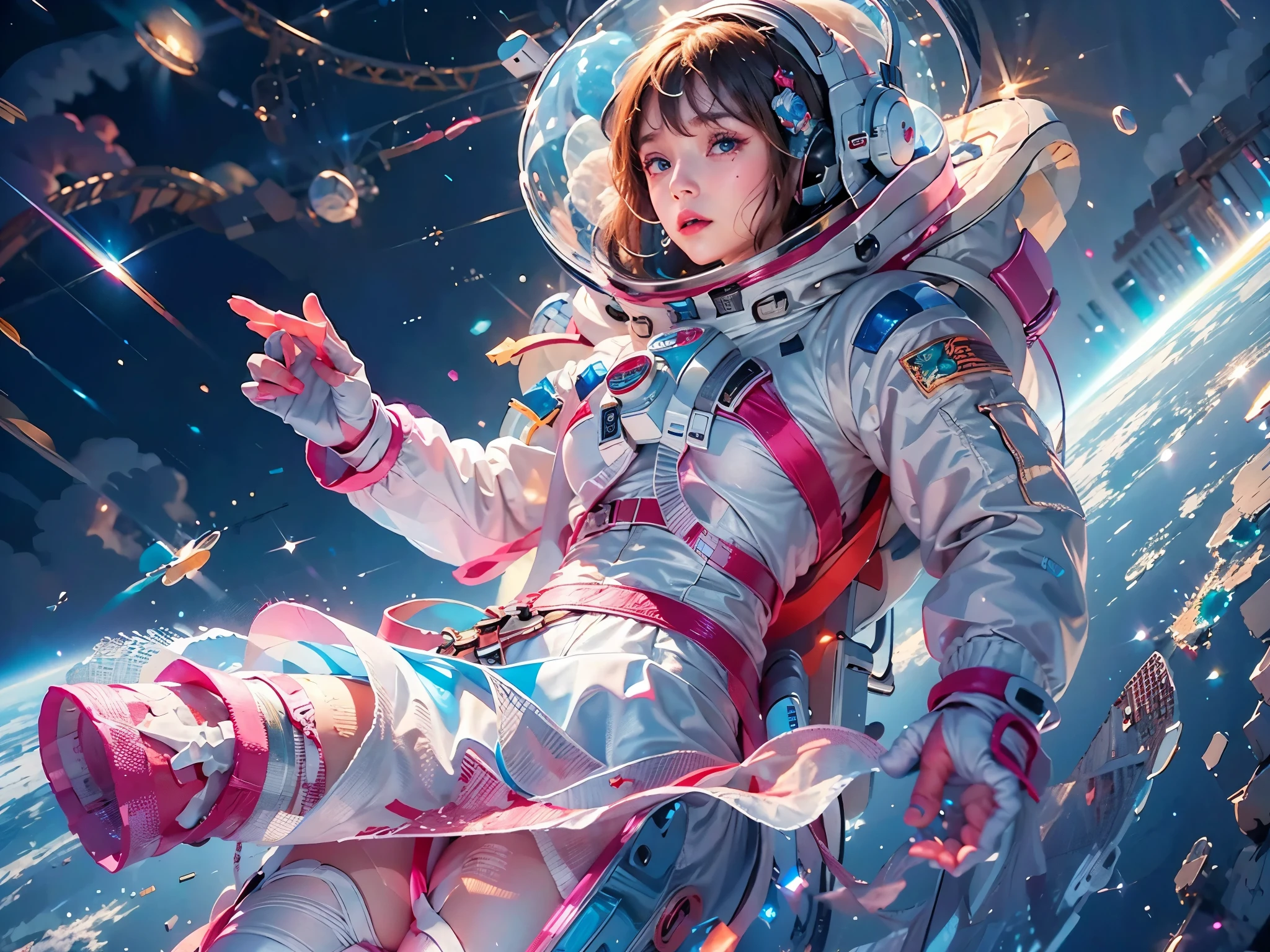 high resolution, ultra-detailed, 1girl, in spacesuit, seen from above, cosmic space, floating, satellite, running pose, Look at the audience, sparkling, space background, meat leg, white stockings, full-body shot, (masterpiece:1.4), 8K