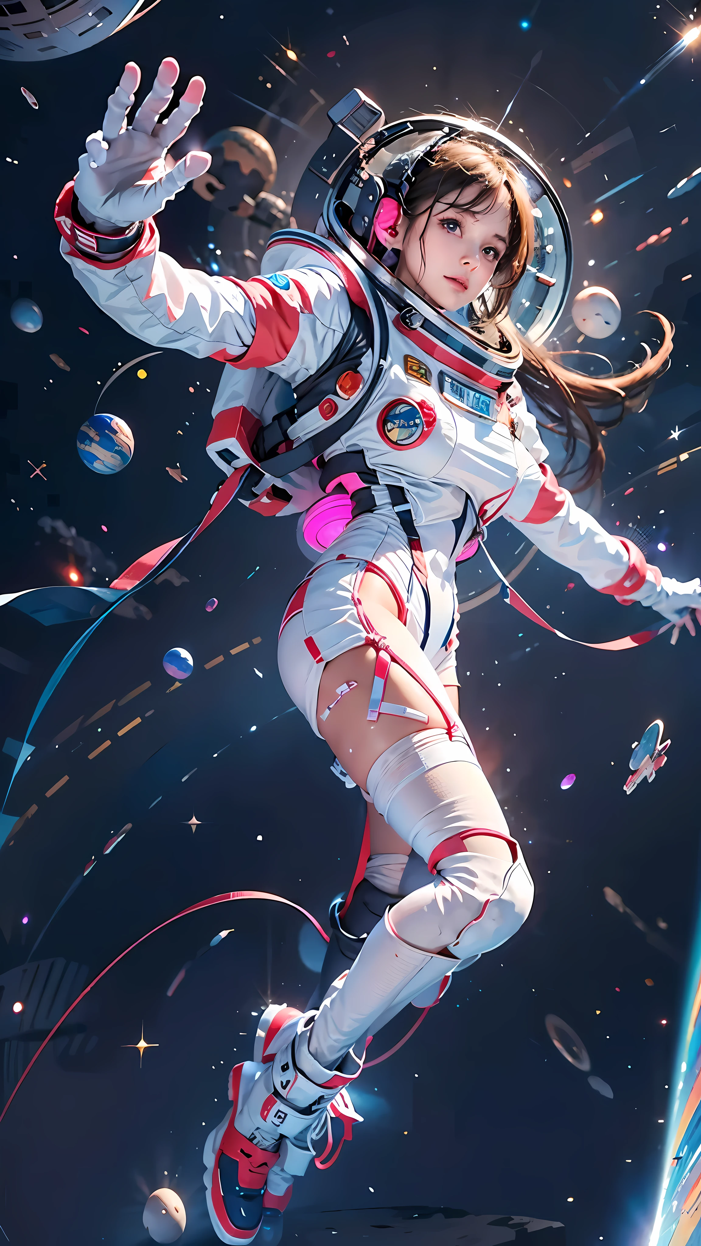 高分辨率, 极其详细, 1女孩, 穿着宇航服, 从上方看, 宇宙空间, 漂浮的, 卫星, 跑步姿势, 看看观众, 闪闪发光的, 空间背景, 肉腿, 白色丝袜, 全身照, (杰作:1.4), 8千