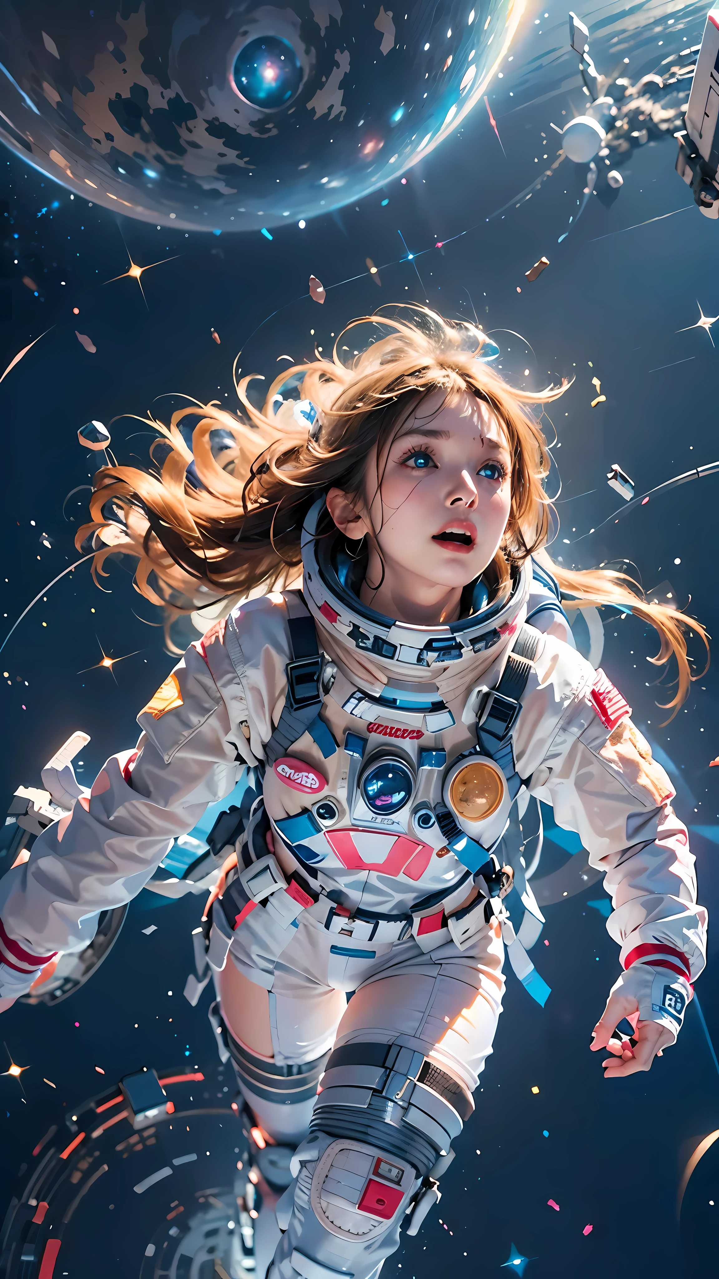 high resolution, ultra-detailed, 1girl, in spacesuit, seen from above, cosmic space, floating, satellite, running pose, Look at the audience, sparkling, space background, meat leg, white stockings, full-body shot, (masterpiece:1.4), 8K