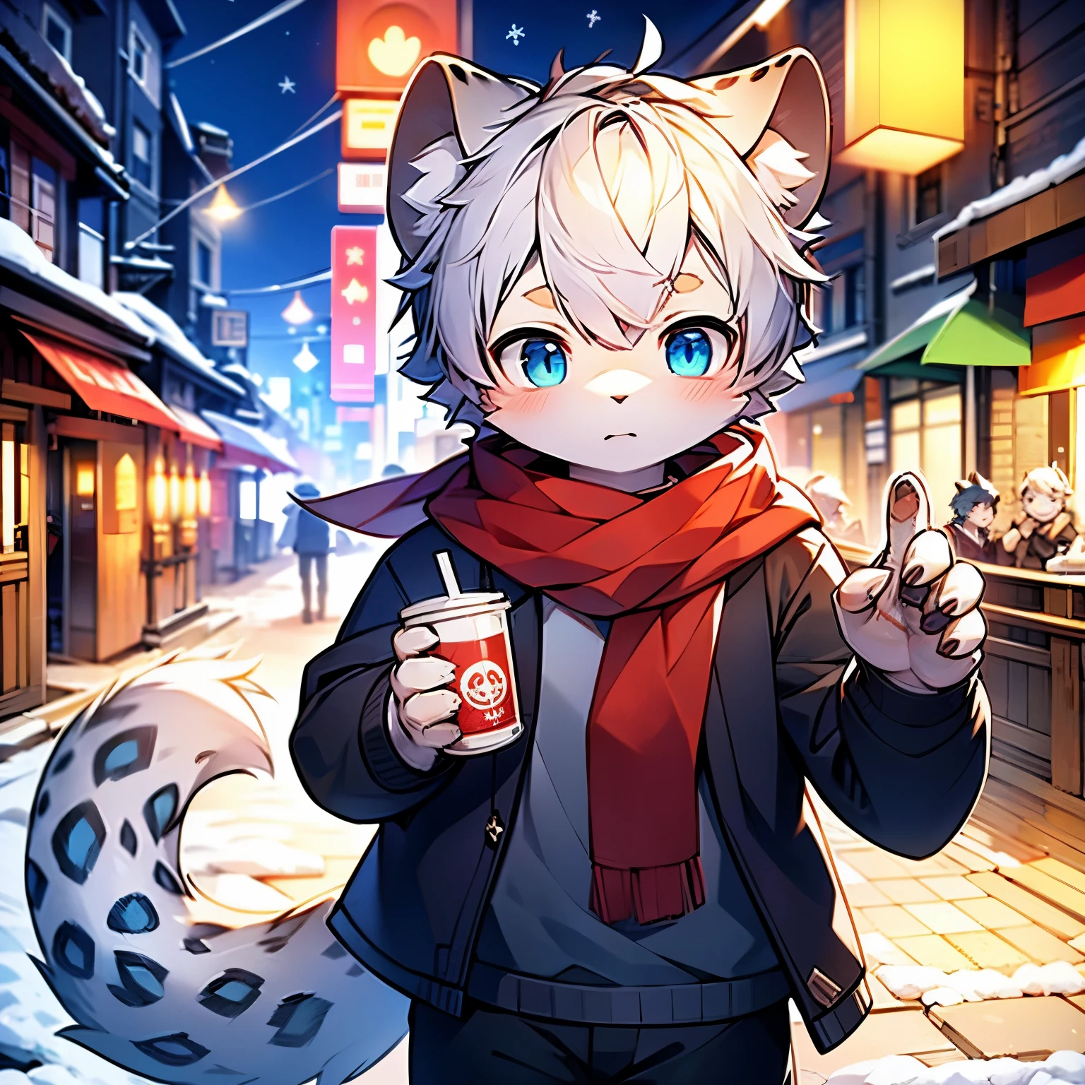 Highest image quality，masterpiece，orc，paw+（five fingers）+White+（White爪尖），break handheld latte+（Single）+Hold+black+（paper cup+hot drink lid）+In the hand，A detailed eye，Normal eyes，white eyebrows，Black ears+（Snow leopard ears）+Round ears+Thick，（Cat's tail）+Snow leopard tail texture+Coarse+in the lower back+uniform in thickness，（Gray hair），hairy，white hair，Lovely，Handsome teenager，（break red scarf），blue pupils，（night view），white hair，through bangs，Mottled light and shadow，Short hair details，lively+street+crowd，There are God&#39;s bright eyes，City，winter background，warmth，2023，（black外套+long sleeves），solo，（new year），（oval face），snowflake，Casual