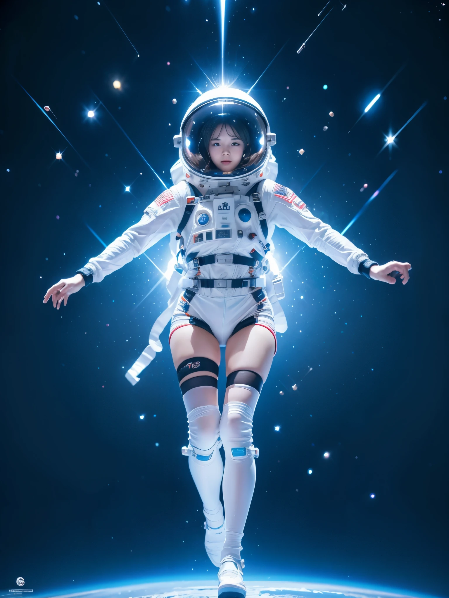 high resolution, ultra-detailed, 1girl, in spacesuit, seen from above, cosmic space, floating, satellite, running pose, Look at the audience, sparkling, space background, meat leg, white stockings, full-body shot, (masterpiece:1.4), 8K