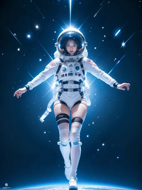 high resolution, ultra-detailed, 1girl, in spacesuit, seen from above, cosmic space, floating, satellite, running pose, Look at ...