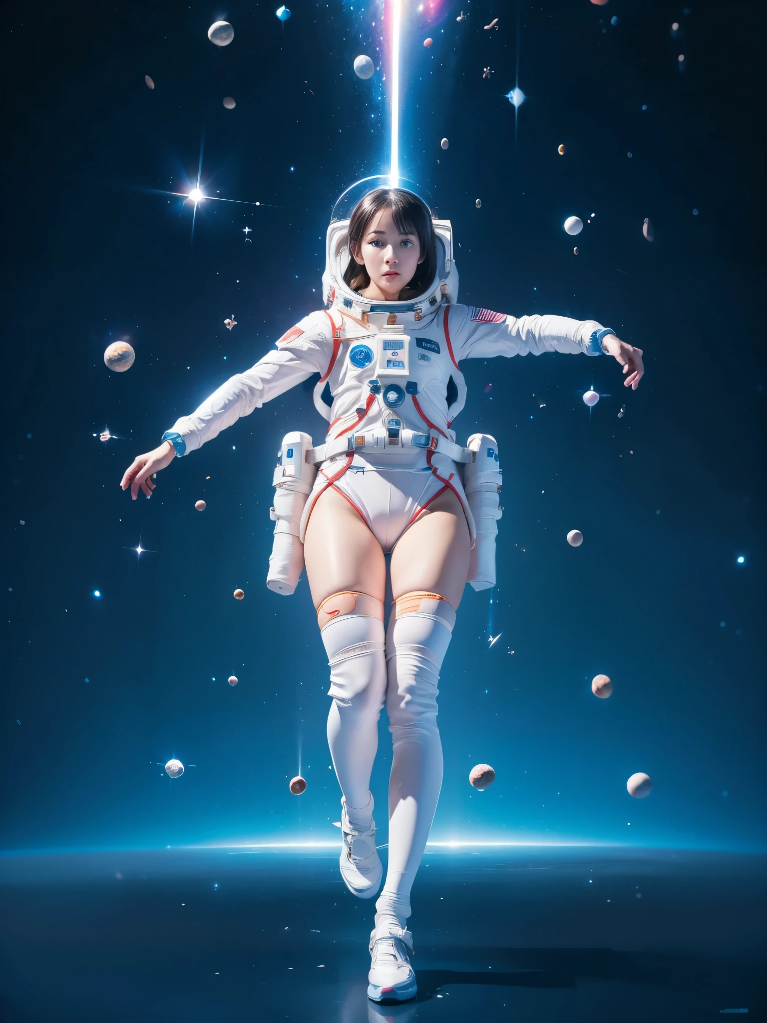 high resolution, ultra-detailed, 1girl, in spacesuit, seen from above, cosmic space, floating, satellite, running pose, Look at the audience, sparkling, space background, meat leg, white stockings, full-body shot, (masterpiece:1.4), 8K