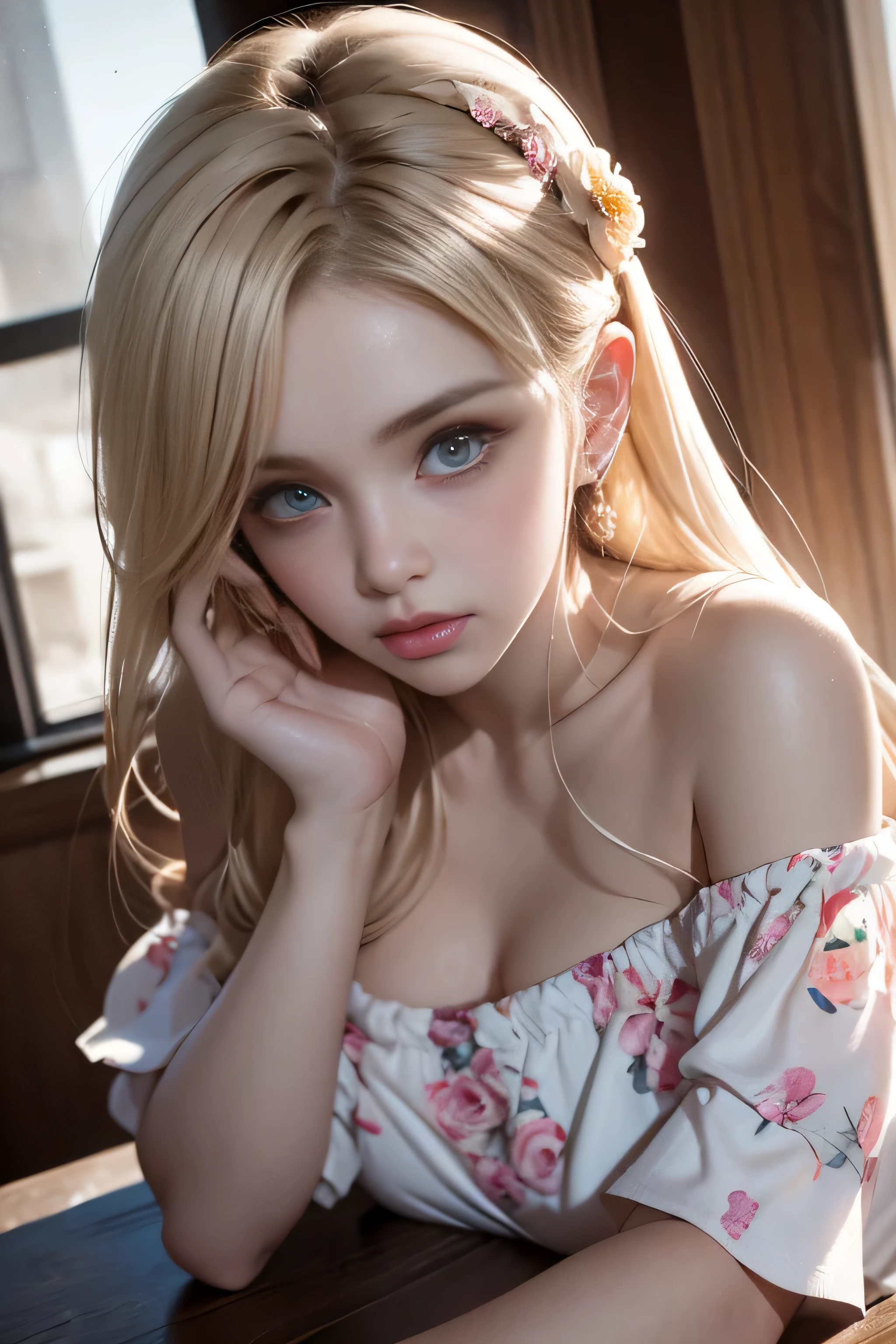 明亮的外觀、年輕有光澤有光澤的白皙肌膚、最佳外觀 Rondo 反光燈、白金金髮，閃耀著耀眼的亮點、閃亮亮麗的頭髮,、超長直髮、閃亮美麗的瀏海、輝くクリスタルクリアな魅力的な大きな青い眼睛、非常漂亮可愛可愛的16歲女孩,美しく細かい眼睛, 鼻子細節精美,(( 全身:1.5)),眼睛が強調するメイク、皇家风格，漫画风格, , 散布在表面之下, 華麗的細節, 自然背景, (中等大小的乳房), ((電影般的)), 戲劇性的燈光, 桌上、((露肩白色碎花連身裙:1.4))、(寬鬆蓬鬆燙髮:1.4)、1 名女孩、((鮑伯頭髮:1.3))、Ultra-實際的 8k CG, 絵に描いたような完美な顔, 完美, 乾淨的, 桌上, 专业艺术品, 名著, 完美な顔, 漂亮的臉蛋, 美しい眼睛, ((完美な女性の体)), 獨自的,(沉浸式氛圍, 明暗對比:1.5,明亮的光線:1.2,明亮的光線ing),(臉紅:0.5),迷人的外觀,非常詳細_眼睛,大的,美麗而細緻的背景,書面邊界深度,實際的:1.3, 远射,(站在窗邊),全身, (环境光:1.3),(電影般的 composition:1.3),(霓虹燈:0.1),(北非自由貿易區:0.1),重点照明,