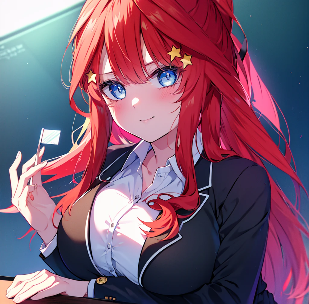 , , mksks style, detailed background, 1 girl, alone, Itsuki Nakano, mature woman, star hair ornament, long hair, redhead, choke, bangs, hair amazing eyes, ponytail, blue eyes, big breasts , OL, red glasses, Fundo, black suit jacket, collared jacket, white dress shirt, collared shirt, neckline, button, strap, ID card on neck, black pencil skirt, black pantyhose, smile, blush, looking at the viewer, fascinating, big breasts、sit on a chair,Girl eating food，at a table,(masterpiece:1.2), highest quality, High resolution, unity 8k wallpaper, (figure:0.8), (beautiful and fine eyes:1.6), highly detailed face, perfect lighting, Very detailed CG, (perfect hands, perfect anatomy),