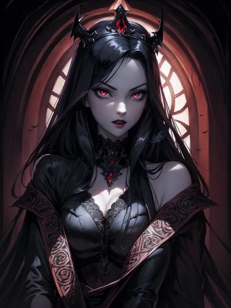 absurdres, ((stunning female vampire))), goth renaissance, (long black hair:1.erfect and detailed angular sharp oval shaped face...