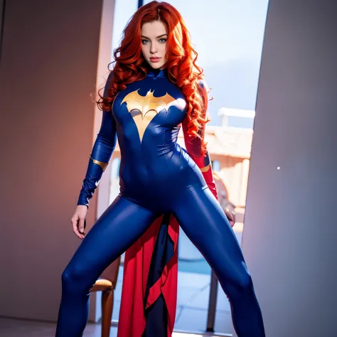 “Woman, long curly hair, red hair:1.3, blue eyes,full body, soft, cute, batgirl suit wide open, show nipples, show vagina, open ...