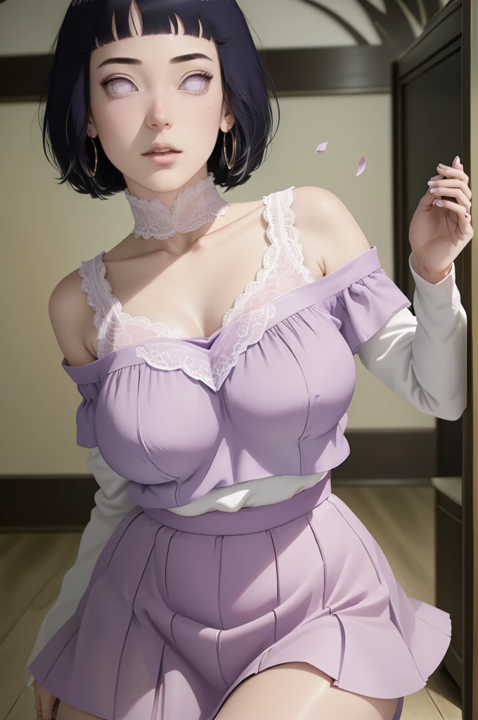 (masterpiece) (huge titusty, masterpiece, absurdres, hinata\(boruto\), 1girl, solo,mature female, off-shoulder bra, high waist short skirt, looking at viewelling petals), perfect composition, detailed lips, big breast, beautiful face, body propotion, blush, (pink lips), short hair, purple eyes, soft gaze, super realistic, detailed, photoshoot, realistic face and body, dancing lightly, lilac eyes, full body, lace clothes, with large hoop earrings