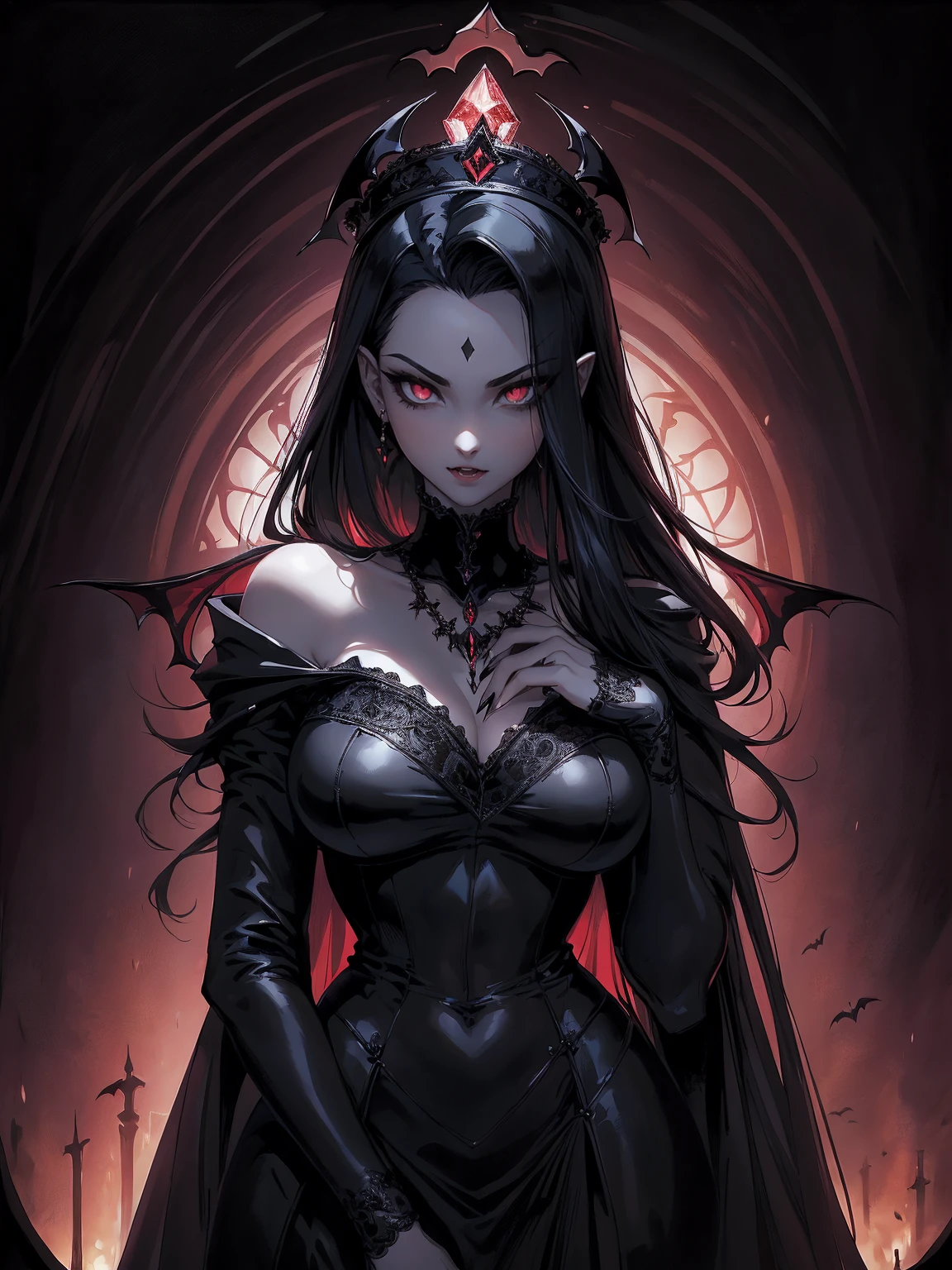 absurdres, ((stunning female Vampire))), goth Renaissance, (long black hair:1.erfect and detailed angular sharp oval shaped face, ((redeyes)), jewelry, red and black tetradic colors, full lips, gothic castle background, (solo), perfect anatomy, approaching perfection, ethereal, intricate details, ultra-high definition, 12k resolution, goth aesthetic, smooth, sharp focus, dreamy, glowing, backlit, glamour, glimmer, fantastical, shadows, smooth, Gothic crown, illustration