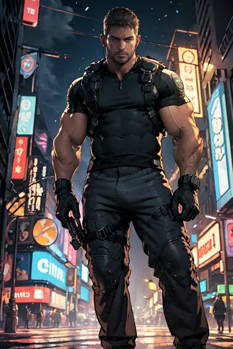 Chris redfield doesn&#39;t wear pants, big cock cums In the night city, neon lights