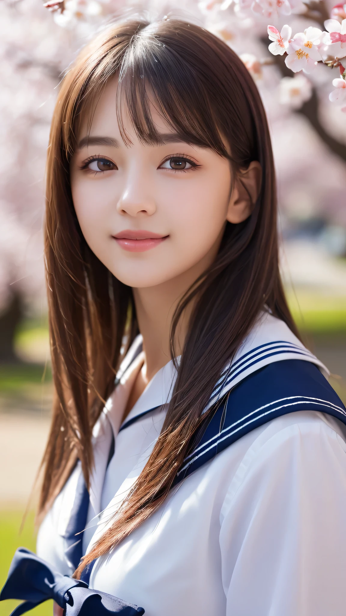 1 girl, (surreal), (highly detailed eyes, highly detailed hair, highly detailed face, Highly detailed plump lips), (sailor suit, school uniform), chest, Search Smile, (highest quality:1.4), RAW photo, (surreal), (realistic:1.4), professional photography, cinematic light, Depth of bounds written, Cherry tree, spring, sunny,