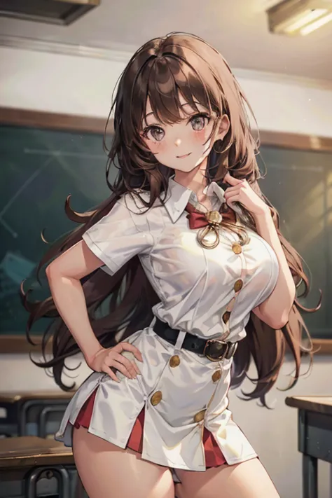 elite school uniform is sheer, button gap,red white gold uniform,(button gap:1.5), white skirt, white top, red ribbon, golden bu...