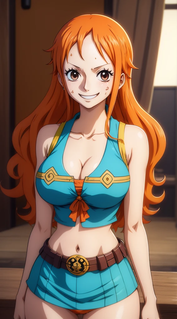 (ANIME ART STYLE) nami (ONE PIECE), with long orange hair, brown eyes, wearing  wano clothes , (wano arc) blush face, smiling.