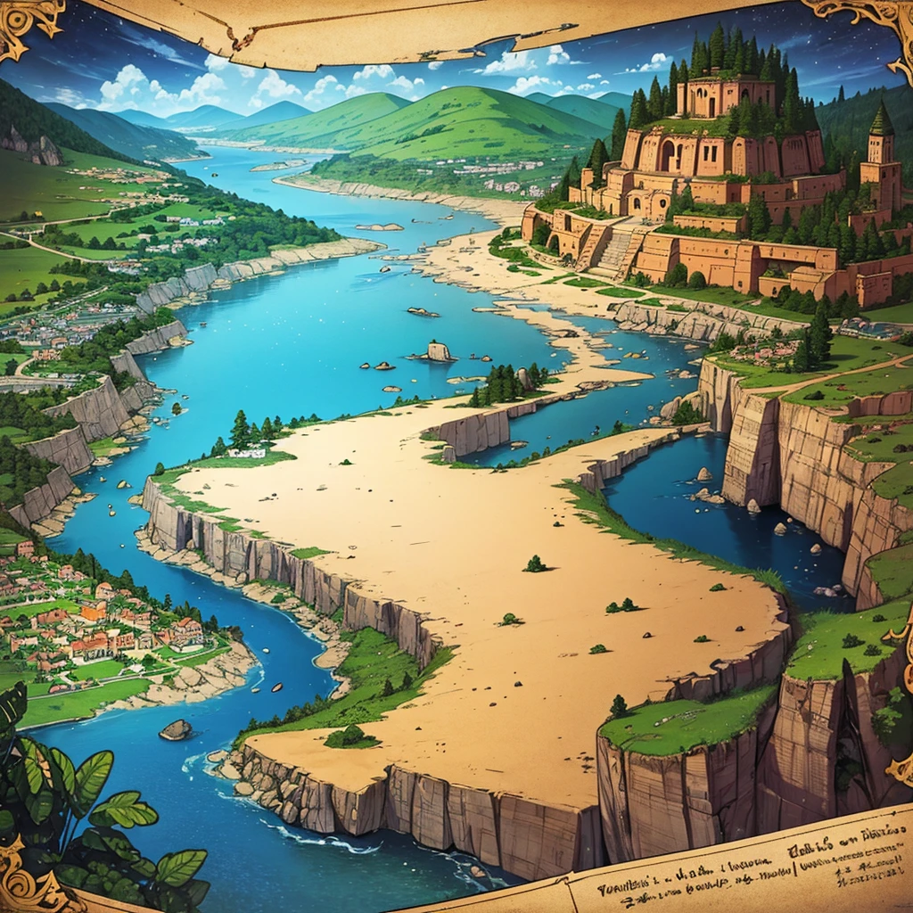 best quality,high resolution,realistic,map,paper texture,detailed landforms,distinct boundaries,vivid colors,Roads and cities outlined,3D perspective,artistic rendering,antique style,old map design,aged paper,compass rose,legend,key,decorative elements,ancient cartography,hand-drawn,water bodies,lush green forests,majestic mountains,flowing rivers,rolling hills,picturesque landscapes,exploration and adventure,untouched wilderness,hidden treasures,ancient civilizations,mythical creatures,mysterious landmarks,ship sailing on the ocean,magestic castles,on top of the world,explorer wearing a hat,map maker's tools,quill pen,brown ink,old compass,authenticity and history,        

Notice:
1. This is a type of ancient map that mixes natural and cultural geographical information.。Assume that the map is centered on a certain city，Large and small cities and roads are circled around。Maps provide people with information about the terrain、waters、forest、Information on natural landscapes such as mountains。
2. Imagine this is an ancient map from time immemorial，Has unique art style and textures。Used hand-drawn method，to highlight the terrain on the map、Borders and other details。Ancient civilizations may also be added to the map、mysterious landmark、Legendary creatures and other elements，To increase the sense of mystery and adventure。
3. This map is considered a work of art，Made using high quality materials，Rich in details，Proportionally accurate，Vibrant colors，to achieve realistic and realistic effects。There are also some decorative elements on the map，Such as a compass、legend、Patterns, etc，to increase its cultural value and visual appeal。
4. The style of the map is old and historical，Used retro designs and colors，Reminiscent of ancient times of exploration and discovery。The appearance of the map takes on an old and worn feel，It seems like many years have passed。
5. There may also be a ship sailing on the sea on the map，and magnificent castle architecture.。An explorer wearing a hat may appear on the map，or tools used by map makers，like a quill、Brown ink、ancient compass etc.，To highlight the production process and authenticity of the map。
6. The theme of this map is exploration and adventure，Uncharted territories and hidden treasures revealed。It encourages people to explore the wonders of nature and human geography，and inspire people’s curiosity and adventurous spirit。