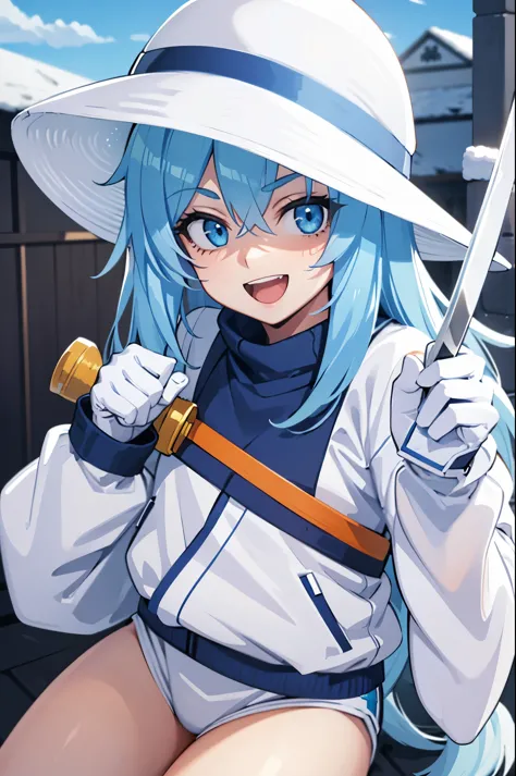 1girl, pastel blue hair, long blue hair, white hat, white ninja headband, small orange horns, white goggles, smiling, cat face, blue eyes, open mouth, cute, blue jacket with white stripes, holding sword, city, morning, snow day, posing, pointing sword, whi...