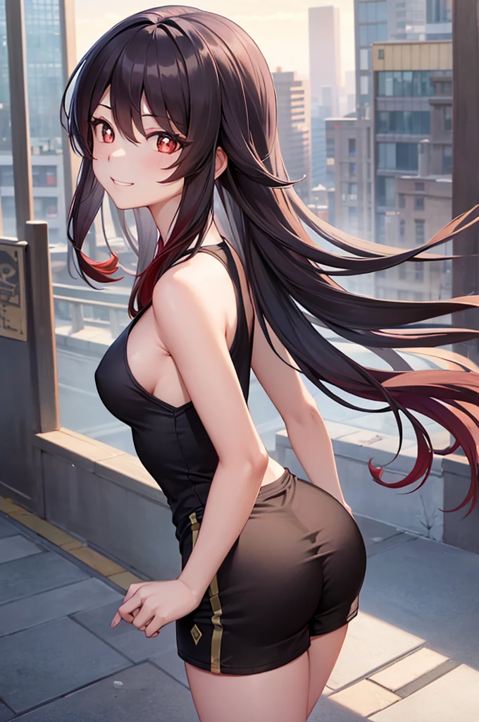 Hu Tao, 1girl, solo, long hair, looking at viewer, smile, breasts, city background, butt, bare shoulders, teeth, tight shirt, short sleeves, closed mouth, black t-shirt,portrait, shorts, skin tight outfit, seductive, realistic, best quality, masterpiece, ultra detail, ultra high res, extreme detail, 8k