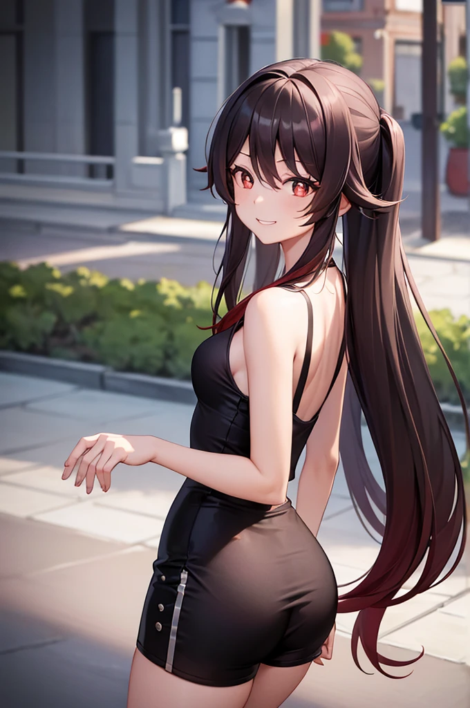 Hu Tao, 1girl, solo, long hair, looking at viewer, smile, breasts, city background, butt, bare shoulders, teeth, tight shirt, short sleeves, closed mouth, black t-shirt,portrait, shorts, skin tight outfit, seductive, realistic, best quality, masterpiece, ultra detail, ultra high res, extreme detail, 8k