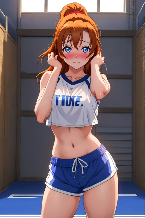 masterpiece, best quality,8k wallpaper, kousaka honoka, blue eyes,(large breasts:1.0),crop top , hot shorts, glowing eyes, cowboy shot, sexy, sexy pose, standing,embarrassed, blushing, in training hall, after workout