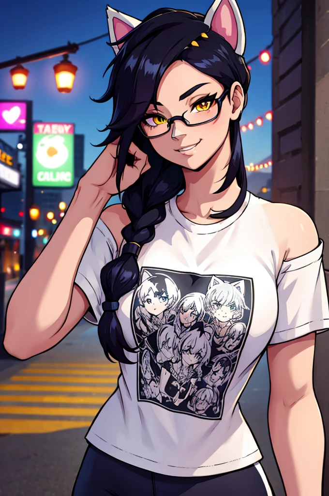 Erisa, 1girl, solo, long hair, looking at viewer, black hair, bandaid on face, yellow eyes, animal ears, smile, bandaid on nose, braid, cat ears, bandaid, bangs, breasts, fake animal ears, simple background, fang, bare shoulders, scar, teeth, shirt, tight shirt, bare shoulders, black shirt, short sleeves, closed mouth, t-shirt, hair over one eye, night city view, portrait, hair over shoulder, shorts, skin tight shirt, wet shirt, glasses, seductive, realistic, best quality, masterpiece, ultra detail, ultra high res, extreme detail, 8k