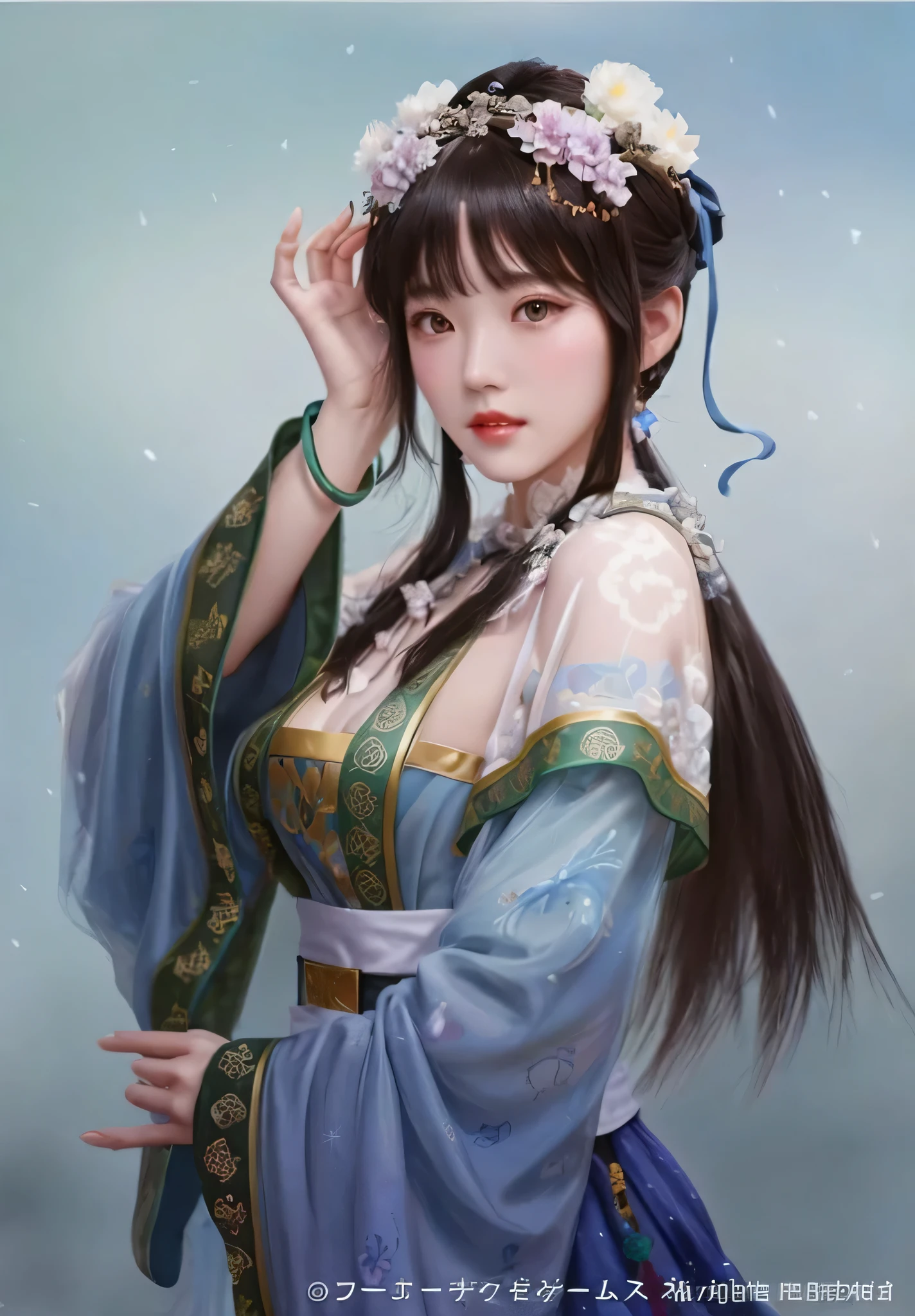 human development report,ultra high definition,8K,Very detailed,best quality,masterpiece,simple background,One dressed in blue、a woman with a flower crown on her head, beautiful figure painting, palace ， Girl Wearing Hanfu, beautiful fantasy queen, ancient chinese princess, Wearing Hanfu, Beautiful digital artwork, Inspired by Lan Ying, inspired by Fenghua Zhong, Gurwitz style artwork, inspired by trees, Chinese girl