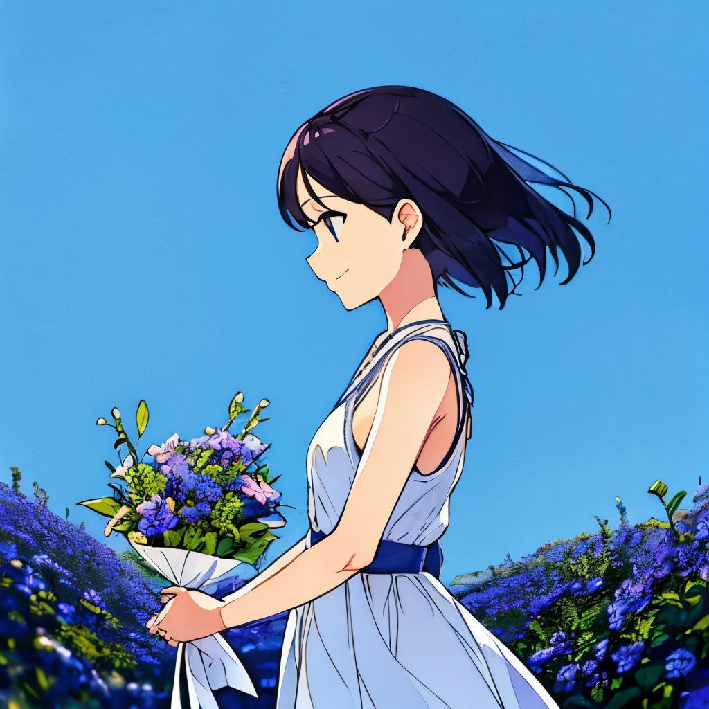 A woman is looking to the side and smiling on a plain blue background、Flowers are blooming around the girl、holding a bouquet