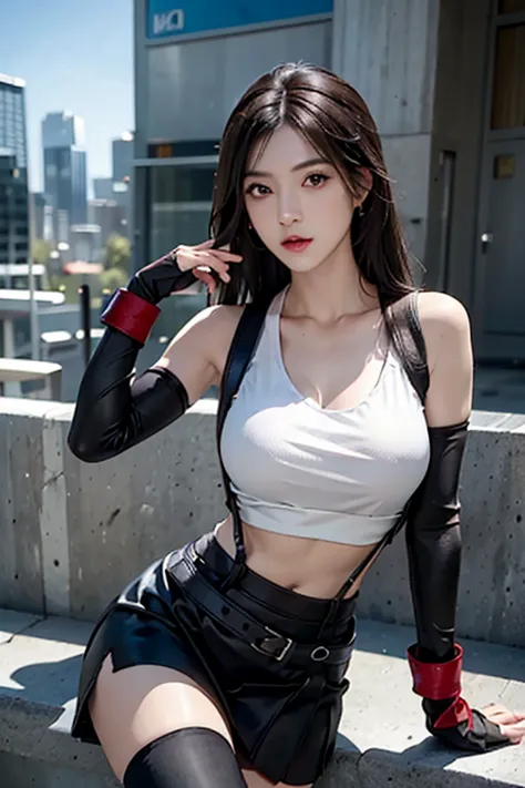 photorealistic, high resolution, 1 girl, hips up, tifa lockhart, final fantasy vii remake, ankle boots, black hair, black skirt,...