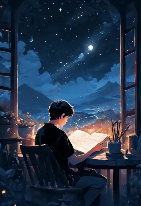 a young Korean man in a black t-shirt is writing a book under night sky, digital art, by Marshall Arisman, cover illustration, 7...