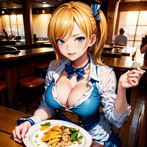 Gender swapped Sanji from One Piece, restaurant, holding a plate of food