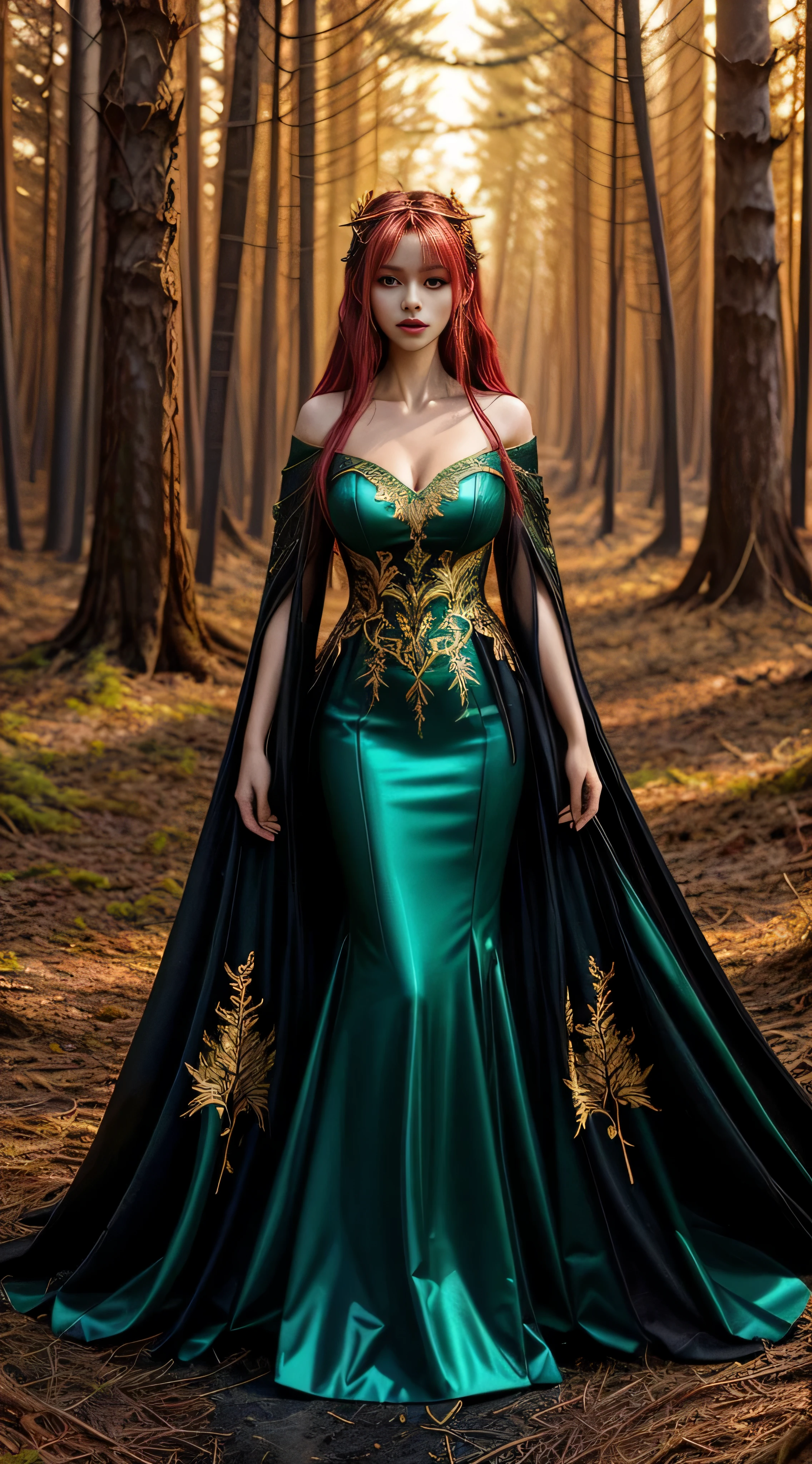 

full body illuminated full body Create a highly detailed and realistic image of a stunning, elegant, and wicked princess standing in a mysterious, haunted, and flaming forest. The vegetation is scorched, and the trees, She is dressed in a long, black, gown, golden embroidery, and she