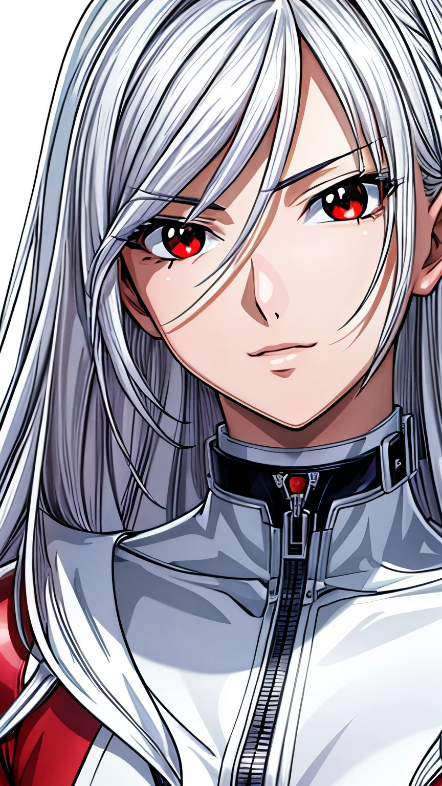 (masterpiece, best quality, ultra-detailed, highres, illustration:0.8), extremely detailed wallpaper, official art, amazing, high detail, ultra-detailed, extremely detailed 8k wallpaper,closed full body, bright silver hair, red eyes with slit pupils, (white background: 1.3), (1girl, solo),(bright red bodysuit),sexy,perfect anatomy,beautiful face, Provocative, 